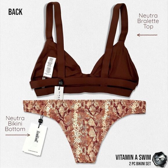 VITAMIN A SWIM NEUTRA 2 PIECE BIKINI SET BROWN BRALETTE TOP + SAND SNAKE BOTTOM - Picture 2 of 12